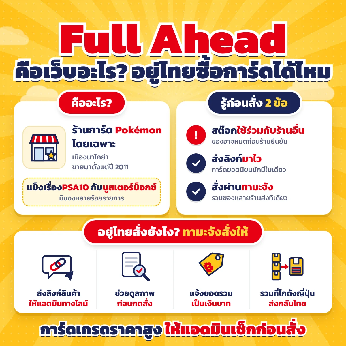 ปกบทความ Full Ahead คือเว็บอะไร อยู่ไทยซื้อการ์ดได้ไหม การ์ดซ้ายบอกว่าเป็นร้านการ์ด Pokémon โดยเฉพาะ เมืองนาโกย่า แข็งเรื่อง PSA10 กับบูสเตอร์บ็อกซ์ การ์ดขวา รู้ก่อนสั่ง สต๊อกใช้ร่วมกับร้านอื่น ของหมดไว ส่งลิงก์มาไว และรวมของหลายร้านส่งทีเดียว แถบล่างเป็นขั้นตอนสั่งผ่านทามะจัง ปิดท้ายว่า การ์ดเกรดราคาสูง ให้แอดมินเช็กก่อนสั่ง